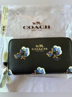COACH Black Leather Zip Wallet with Blue & White Floral print